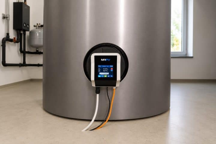 Warmwasserspeicher mit digitalem Steuerungsdisplay im Technikraum