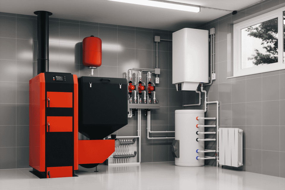 Moderne Heizungsanlage im Technikraum mit Boiler